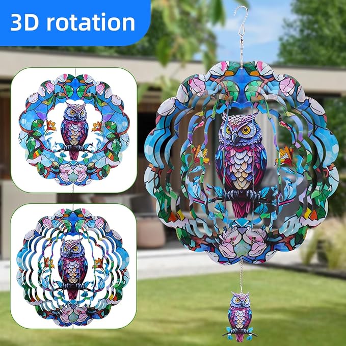 Wind Spinners Outdoor, FACIACC Owl Metal 3D Hanging Garden Decor, 12-inch Stainless Steel Wind Spinner with Tail Spinner, Wind Sculptures for Indoor Patio Lawn Yard, Ornament Gift for Women/Men