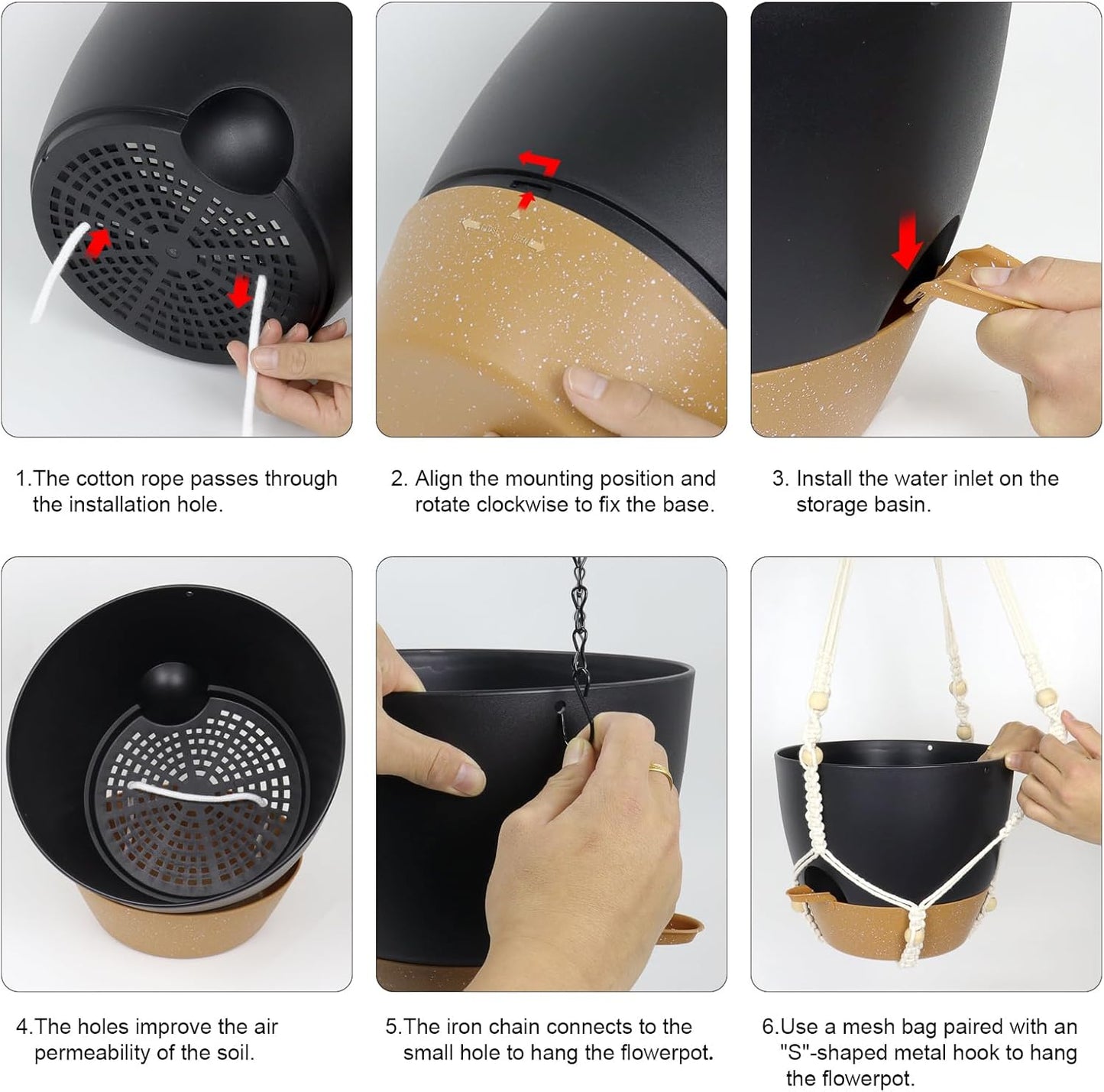 10 inch Self Watering Hanging Planters, 2 Pack Hanging Flower Pots for Indoor Outdoor Plants, Hanging Baskets with Drainage Holes & 2 Kinds of Plant Hangers for Garden Home Decor, Black Brown