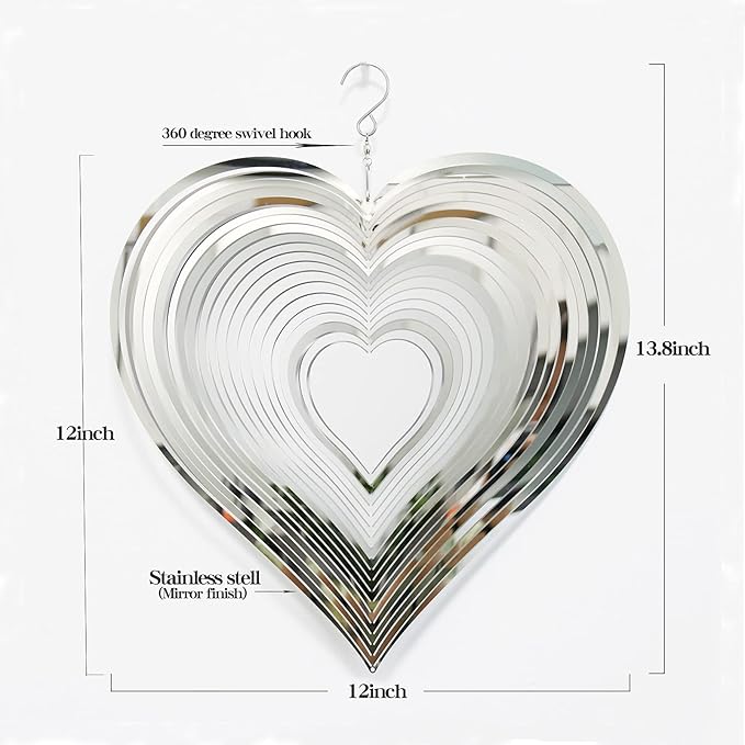 DJUAN Wind Spinner Outdoor Metal Decorations,Silver Heart Wind Spinners for Yard and Garden,Stainless Steel Wind Chimes for Outside Decor,Birthday Gifts for Mom,Mother's Day,Aunt Gifts
