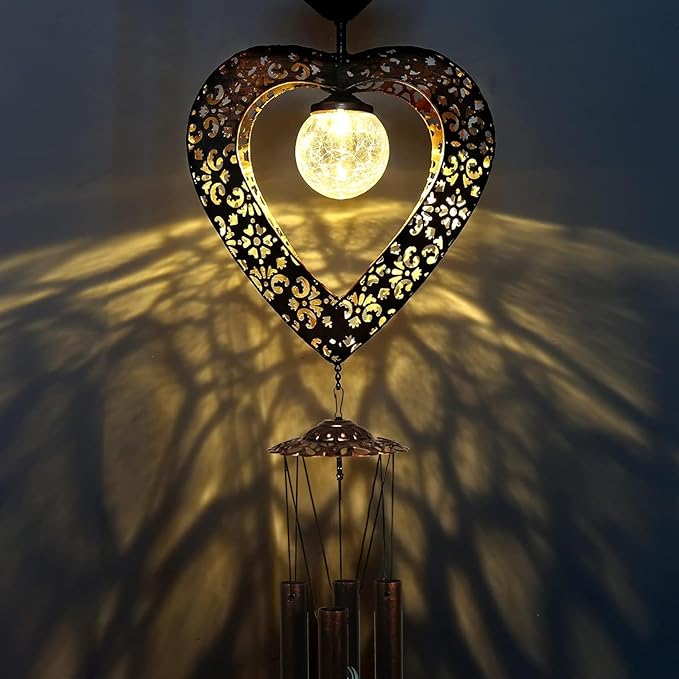 Solar Wind Chimes for Outside Deep Tone Heart LED Crackle Glass Ball LED Decor Light Metal Elegant Hanging Decorations Gifts for Mom Women Yard Porch Birthaday Christmas (Bronze)…
