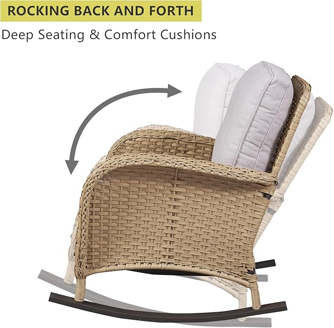 HUMMUH Patio Wicker Rocking Chairs Set of 2 Rattan Outdoor Rocking Chairs for Front Porch Garden Backyard Lawn Balcony Weather Rocker Chair with Side Table