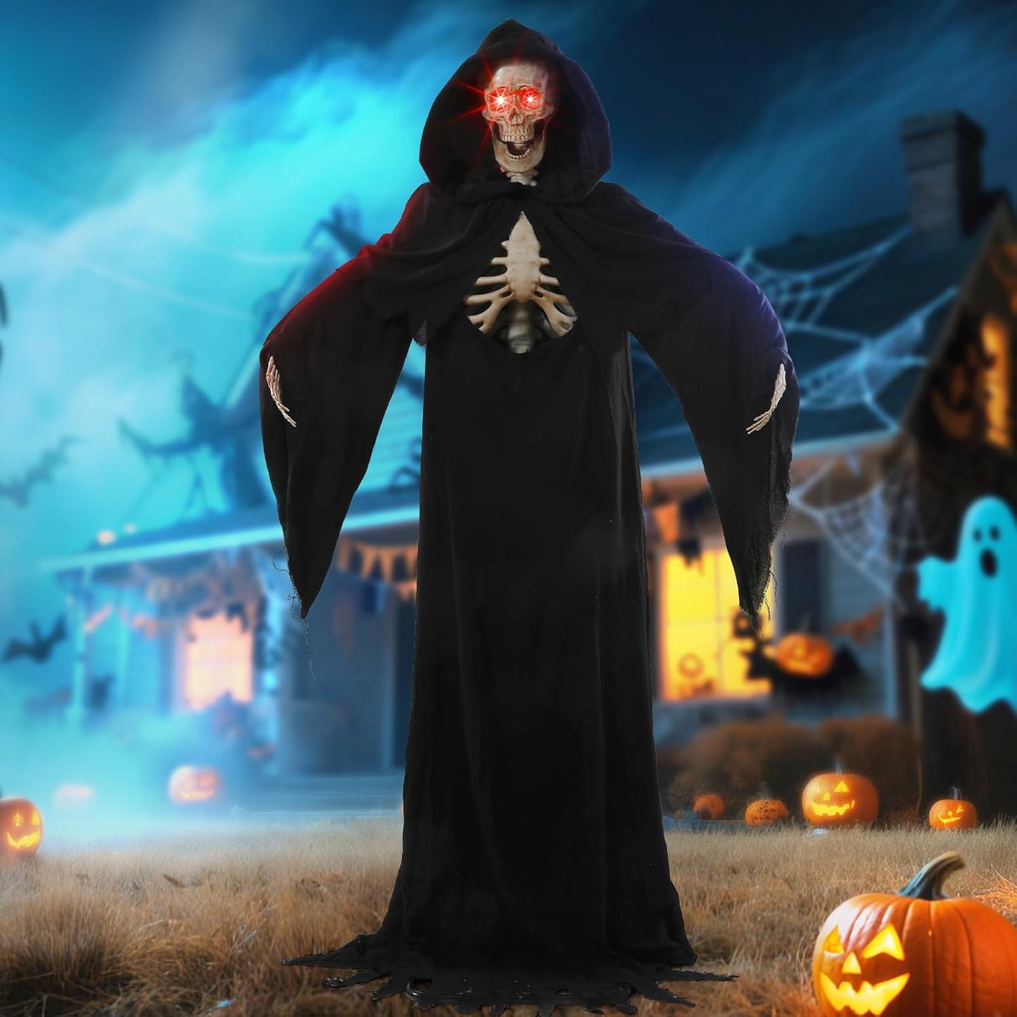 Quntis Halloween Talking Animatronics Outdoor Decoration - 7FT Tall Scary Animated Grim Reaper with Lighted Red Eyes Sound & Touch Activated - Creepy Poseable Skeleton Halloween Graveyard Decor Props