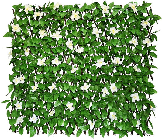 Expandable Fence Privacy Screen for Balcony Patio Outdoor,Decorative Faux Ivy Fencing Panel,Artificial Hedges (Single Sided Leaves) (2, White Flowers)