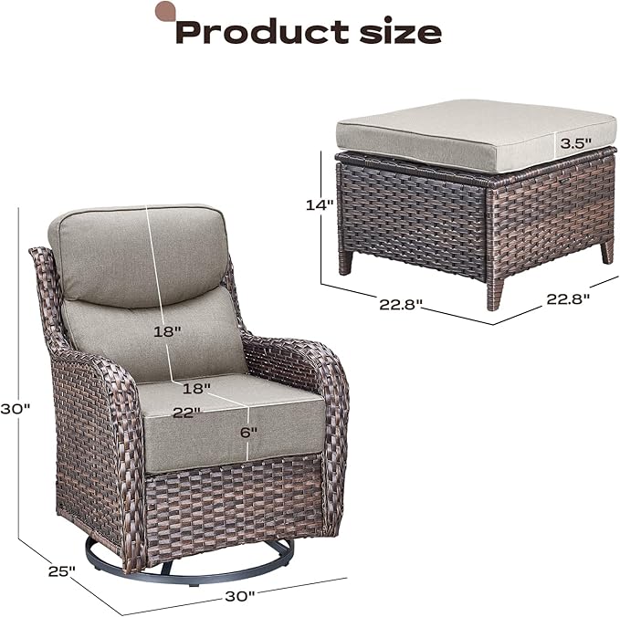 Rilyson Wicker Outdoor Patio Furniture Set - 4 Piece Patio Conversation Set with Swivel Rocker Chairs and Ottomans, 6 inch Cushions, High Back, Deep Seating, for Porch Deck Garden Brown/Beige