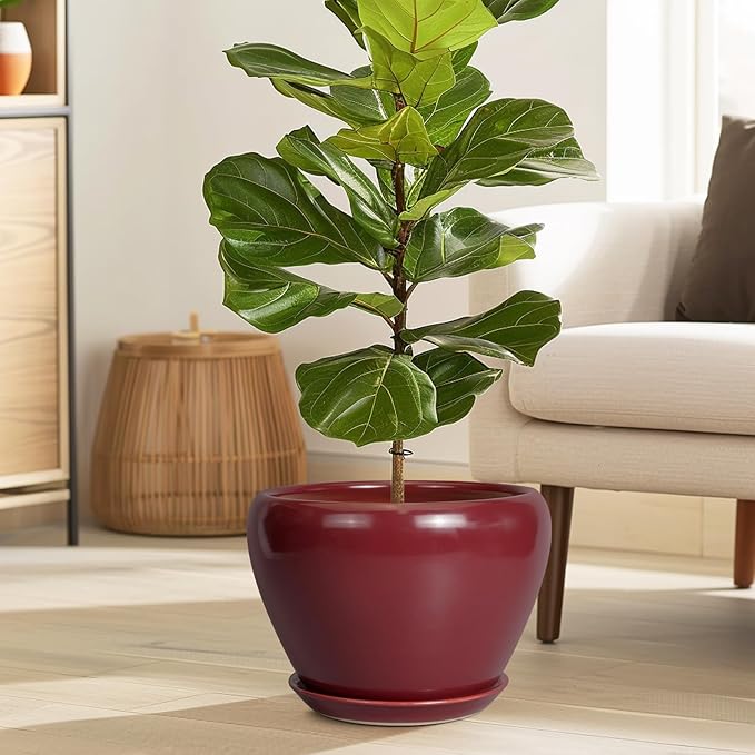 10 Inch Plant Pot - Ceramic Planter Pot with Drainage Hole and Saucer Large Planter for Indoor Plants Round Outdoor Flower Pot Mid-Century Decor Red