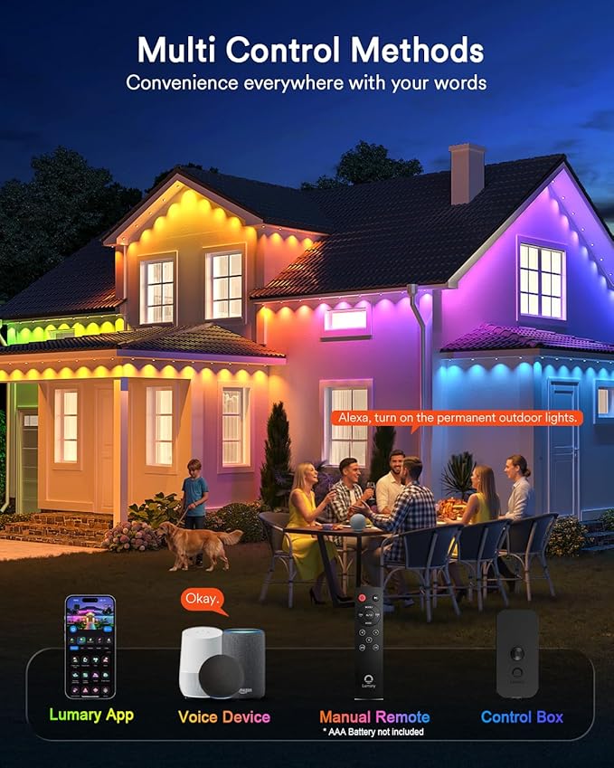 Lumary Smart Permanent Outdoor Lights 2 with Remote & Slide-Base, 100ft with 60 RGBAICW LEDs 3600lm for House Daily & Accent Lighting, 110+ Modes for Christmas Decor, Work with Alexa Google, Black