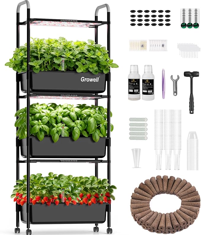 Hydroponics Growing System Kit, 81 Pods Vertical Indoor Herb Garden with Smart LED Grow Light, Auto Circulating Water Pump Each Tier, 42L Hydroponic Gardening Systems for Ideal Gifts (Black)