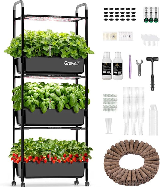 Hydroponics Growing System Kit, 81 Pods Vertical Indoor Herb Garden with Smart LED Grow Light, Auto Circulating Water Pump Each Tier, 42L Hydroponic Gardening Systems for Ideal Gifts (Black)