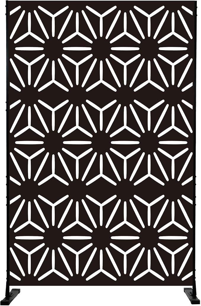 Kozyard Metal Privacy Screen 74" H x 47.2" W Decorative Outdoor Divider with Stand Panels Freestanding Screen Set for Deck Patio Balcony Garden Outdoor&Indoor(Black/Hexagonal Star)