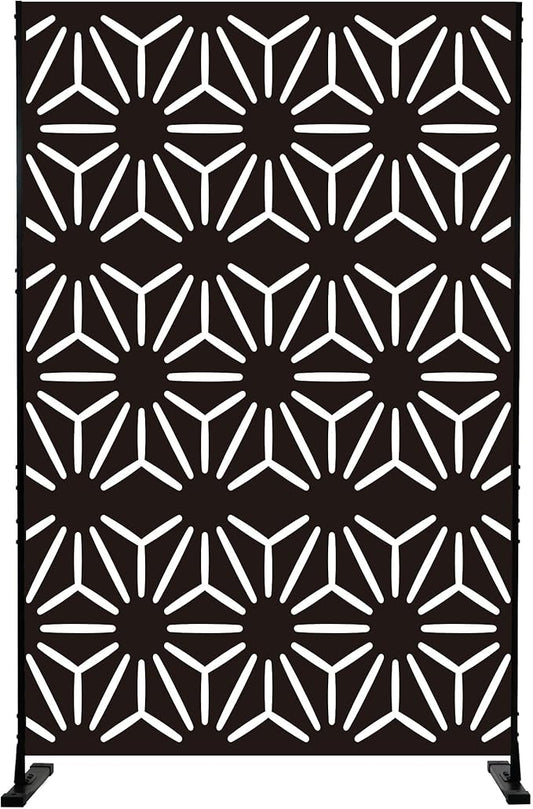 Kozyard Metal Privacy Screen 74" H x 47.2" W Decorative Outdoor Divider with Stand Panels Freestanding Screen Set for Deck Patio Balcony Garden Outdoor&Indoor(Black/Hexagonal Star)