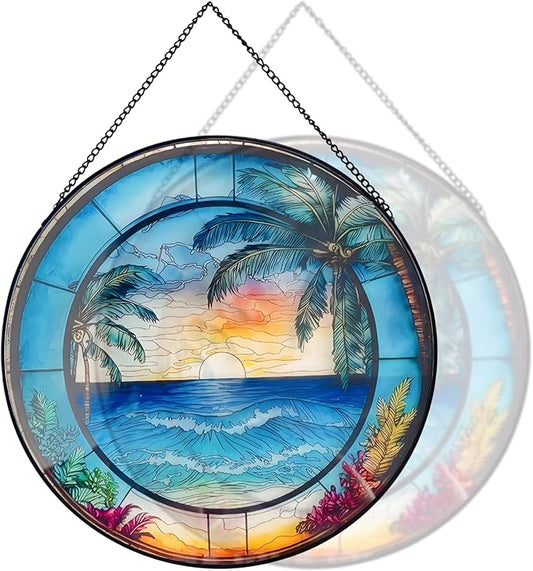 RIVEENY Blue Ocean Sunset Glass Window Hanging Decor,8" Stained Glass Sun Catcher Hanging Decoration with Metal Chain-Sun Catchers for Window Decor Outdoor Garden Decor Gift (Oceans)