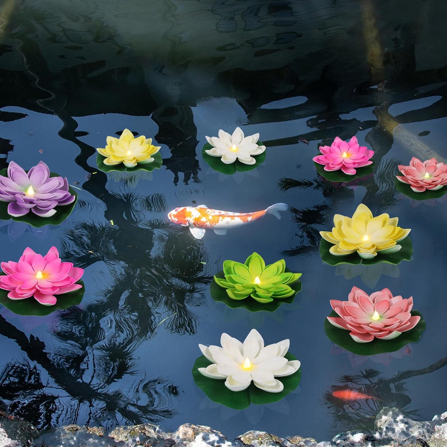 12 PCS Waterproof Floating Lotus Light - Diwali 5 Inch Floating Flower Light Battery Operated Water Activated Warm White Light Pool Flower Lamp Wedding,Anniversary,Garden Decoration(Mix-Color)
