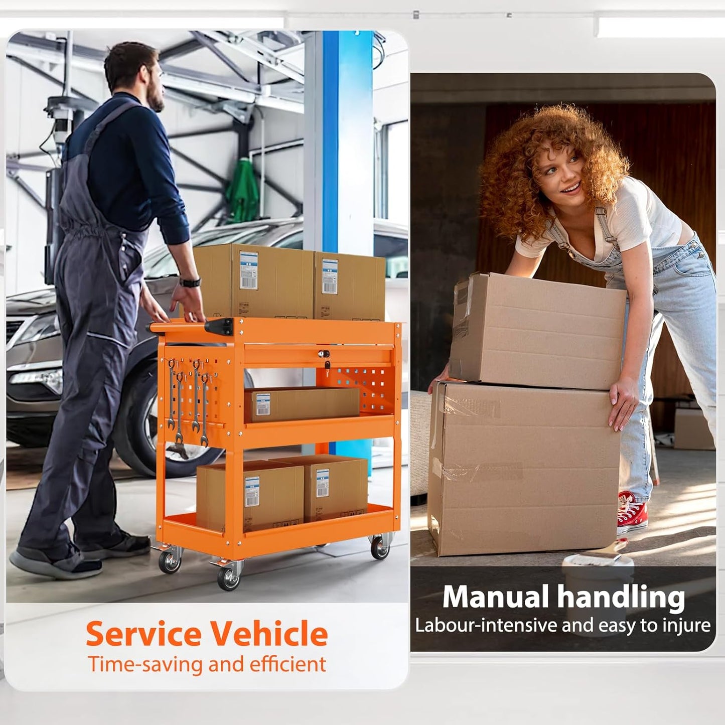 3-Tier Heavy Duty Utility Cart on Wheels, Rolling Tool Cart on Wheels with a Drawer, 350 Lbs Load Capacity Service Cart for Warehous, Garage and Repair Shop (Orange)