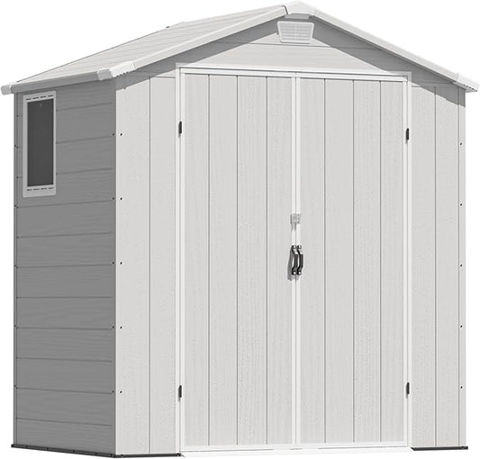 Greesum 6x4FT Plastic Outdoor Storage Shed with Floor, Resin Sheds with Lockable Double Door, All-Weather Tool Sheds with Window and Vents, for Garden, Backyard, Patio, Light Gray