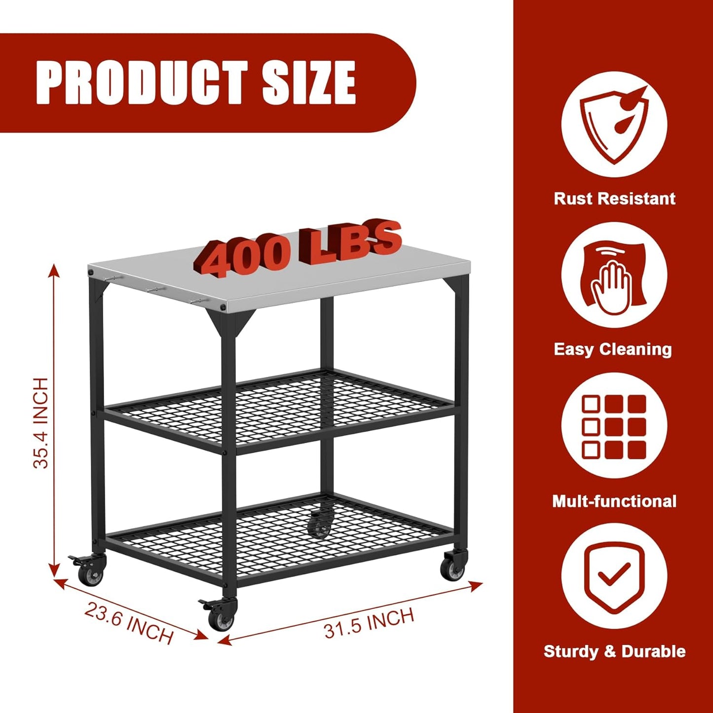 KEESHA Multi-Functional Stainless Steel Pizza Oven Stand Station 35.5 x31.5 x24'' Grill Trolley Stand for Outdoor Indoor Movable Dining Food Prep Cart with 3 Shelves for Ooni, Weber, Blackstone, Ninja