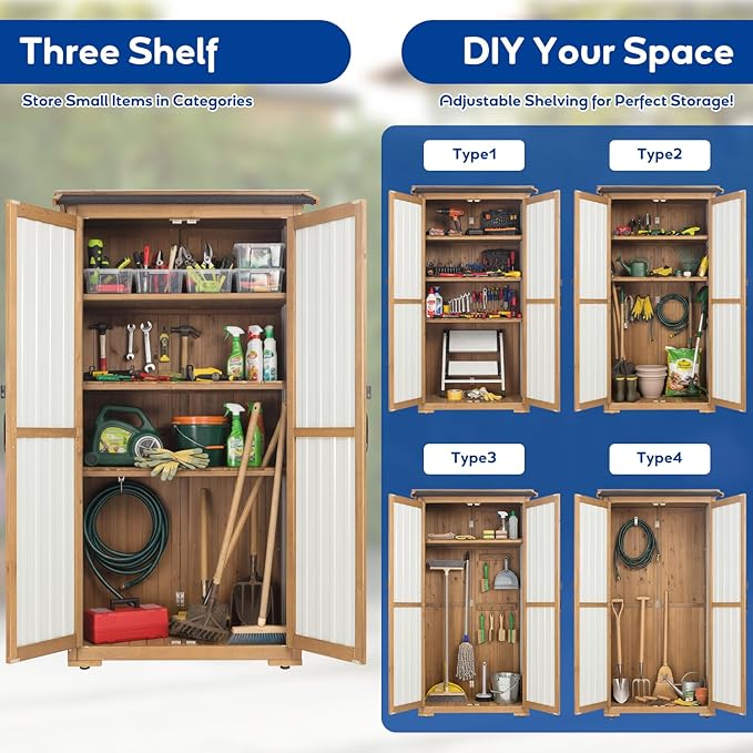 Outdoor Storage Cabinet Weather-Resistant, Wood & Metal Storage Shed with 3 Removable Shelves, Waterproof Roof, Adjustable Feet, Patio Storage Cabinet Outside for Garden Garage Backyard Pool