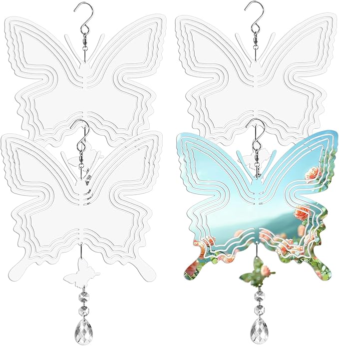 Sublimation Wind Spinner Blanks 8 Inch 4 Pack Wind Spinners Sublimation Blanks with Crystal Pendant Aluminum Metal Wind Spinners for Yard Garden Indoor Outdoor Window Porch Decoration（Butterfly