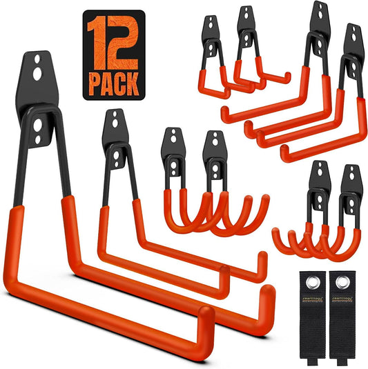 Garage Hooks, 12 Pack Wall Storage Hanger with 2 Extension Cord Straps, Heavy Duty Tool Holder for Utilities Organization, Wall Mount Rack for Garden Lawn Tools, Ladders, Bike, Ski (Orange)