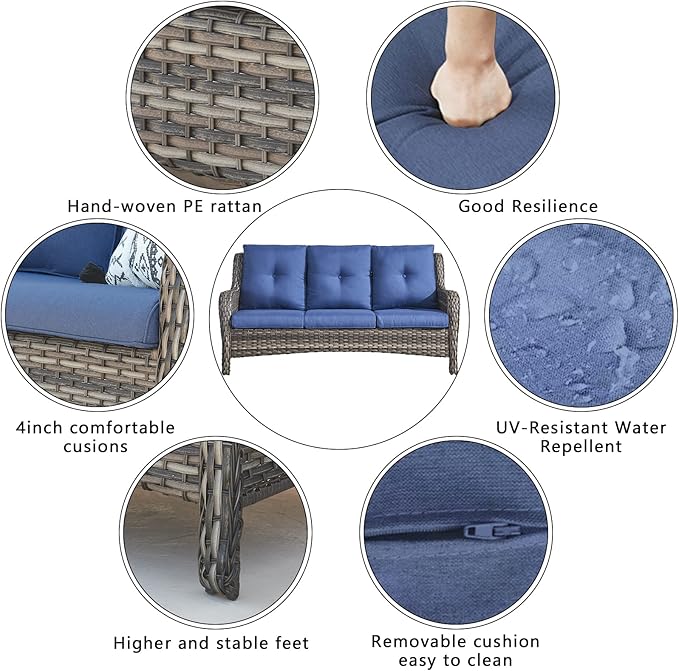 HUMMUH Patio Furniture 5 Pieces Outdoor Furniture Set Wicker Outdoor Sectional Couch with Patio Swivel Rocking Chairs,Ottomans for Patio