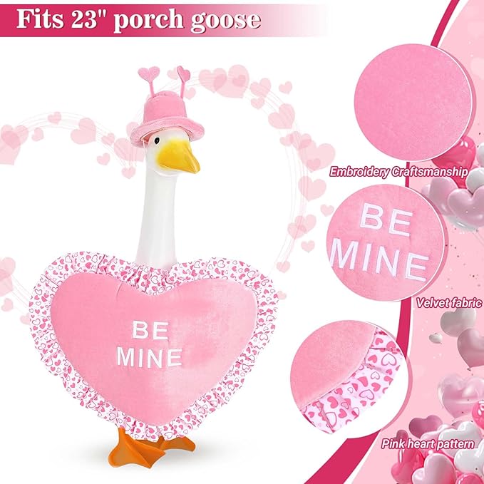 Valentine Goose Outfits Pink Heart Porch Goose Outfit Lawn Porch Goose Clothes Fits 23" Cement Plastic Goose Statue for Valentine's Day Outdoor Garden Yard Patio Art Decor (Pink)