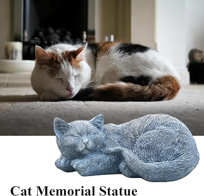 Cat Memorial Stones Garden Decor Statue Outdoor Statues, Cat Figurines Garden Sculpture Garden Decoration, Sleeping Tabby Decor for Patio, Porch and Lawn, Housewarming Gift for Mom
