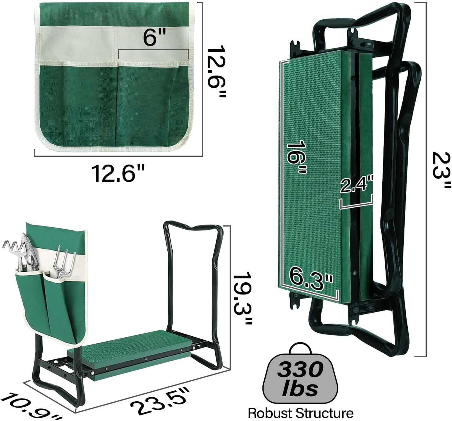 BDL Garden Kneeler Seat with Upgraded Thicken Kneeling Pad and 1 Large Tool Pouch, Foldable Stool 330lb Capacity-Protects Your Knees, Clothes from Dirt & Grass Stains