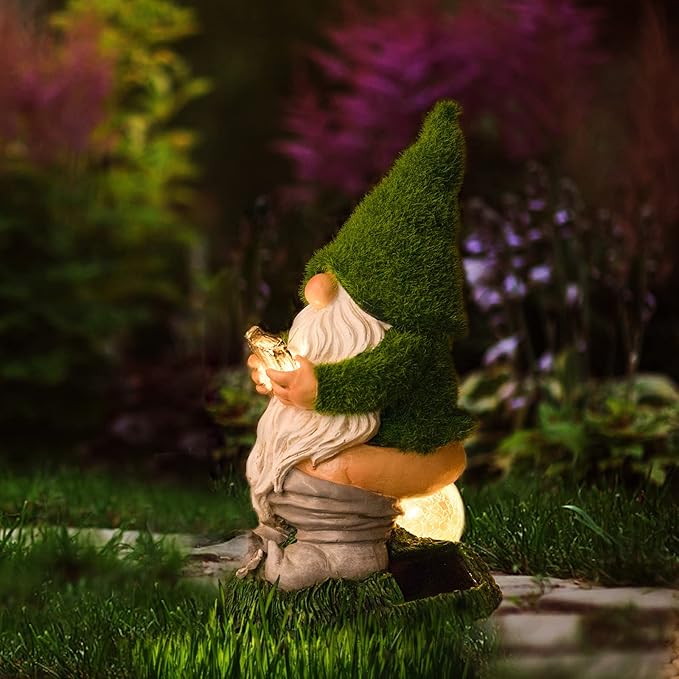 Garden Gnome Statues - Resin Gnome Figurine Sitting on Solar Crackle Glass Globe Lights, Funny Garden Gnome Ornament for Patio Yard Lawn Porch Outdoor Decor