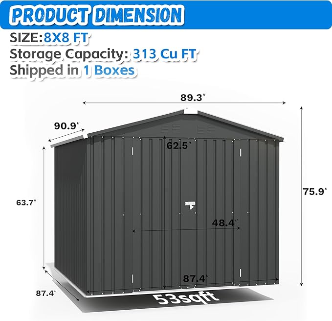 Greesum 8x8FT Outdoor Storage Shed, Utility Tool Shed Metal Storage Garden Shed with Door & Lock for Patio Storage, Black