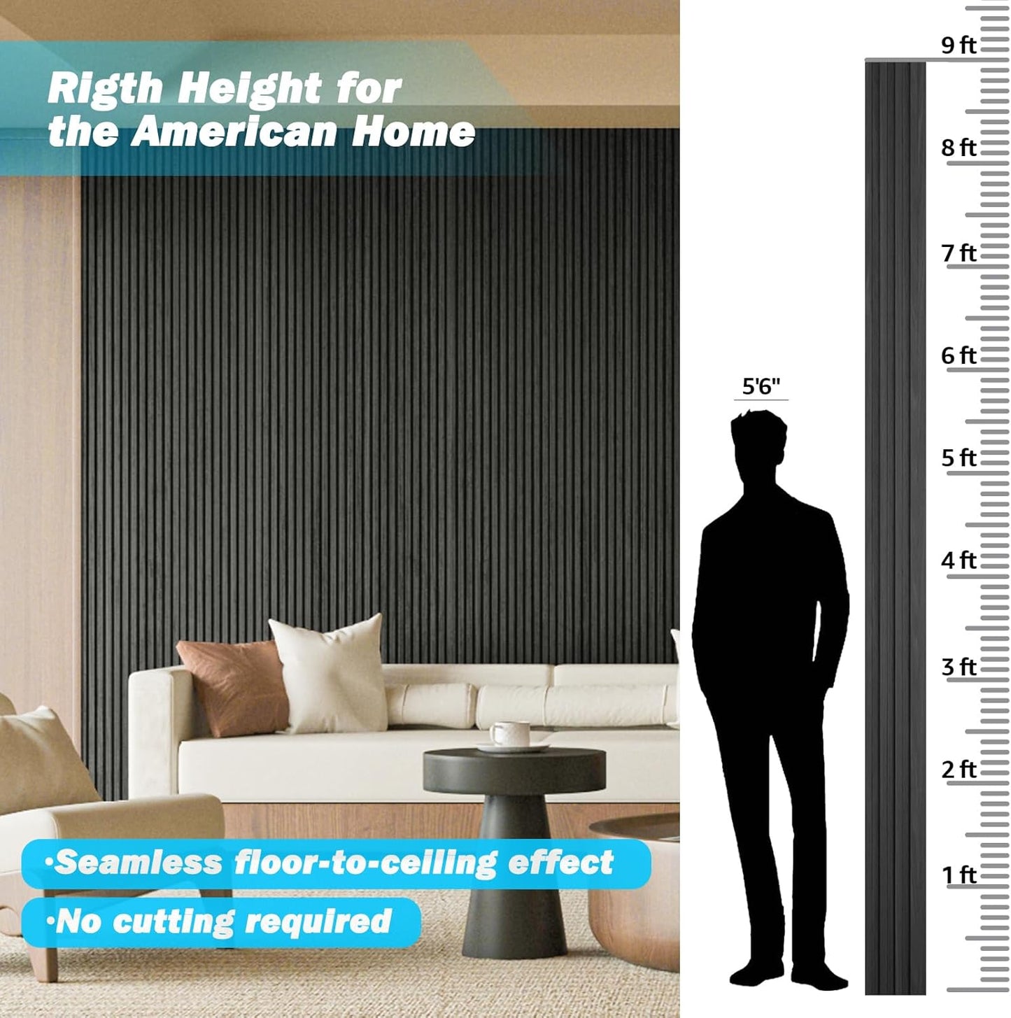 Art3d Slat Wood Wall Paneling for Interior and Ceiling Decoration - Pack of 4pcs + 1pc End-Trim, Size 108 x 5.7in.- Black