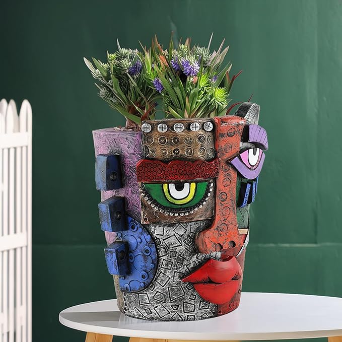 Picasso Brutalist Abstract Beauty Face Flower Pot Acolorful Art Resin Handmade Face Planters Pots Head for Home Art Decor Balcony Ornaments (Serious)
