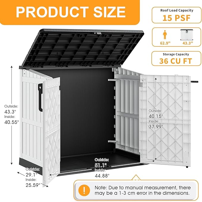 LHBcraft Outdoor Storage Cabinet 36 Cu Ft with Lockable Doors, Portable Horizontal Resin Storage Shed - Easy to Assemble, Waterproof Small Storage Shed with Floor