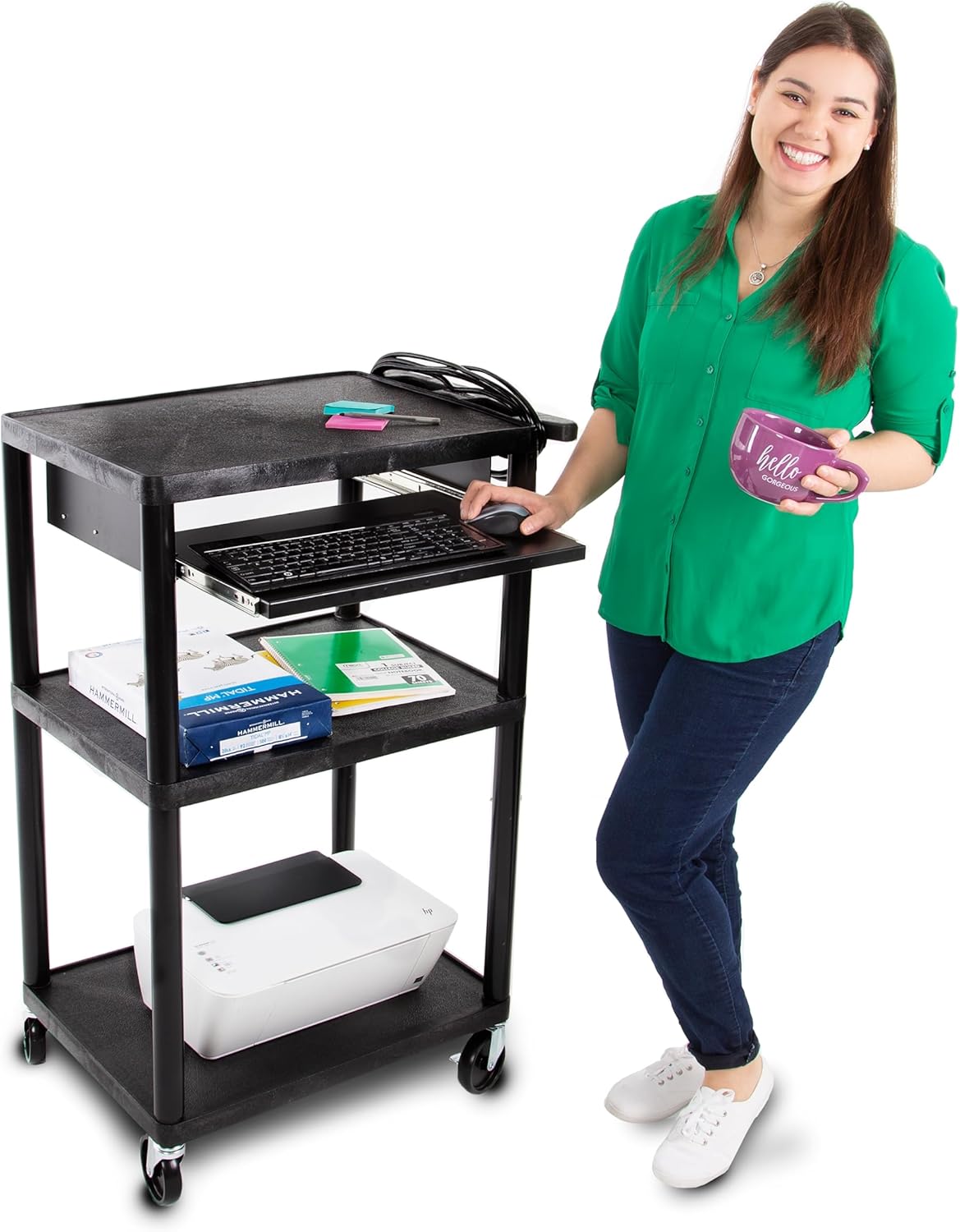 Stand Steady Line Leader 42" H Multipurpose Storage Utility Cart with 3 Shelves, Front Pullout Tray and Push Handle | Easy Assembly (24in x 18in x 42in / Black)
