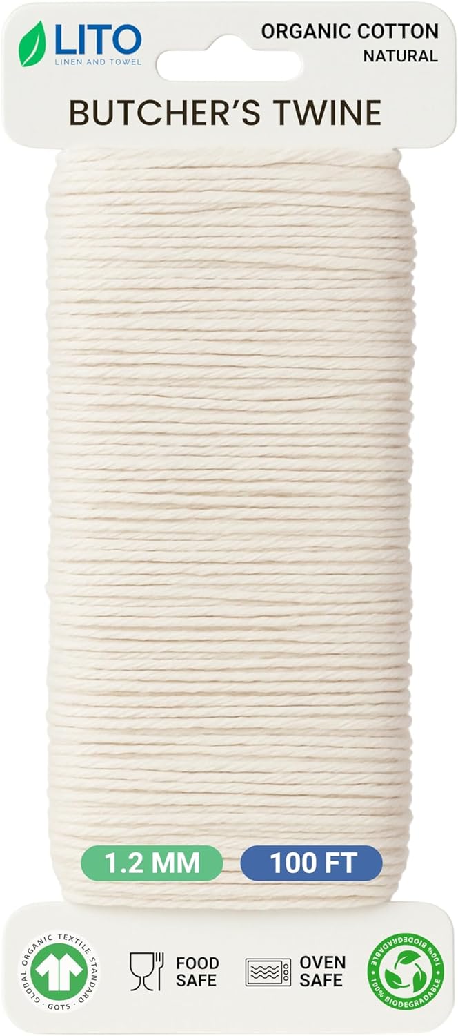 Organic Butcher’s Twine 100 Feet for Cooking & Trussing Meat– 1.2mm Heavy Duty Natural Cotton Kitchen String, Food-Safe & Oven-Safe for Turkey, Baking, BBQ & Crafts