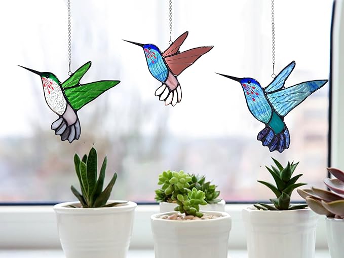 Lolitarcrafts Stained Glass Hummingbird Window Hangings with Flowers, Bird Stained Glass Suncatcher for Window Decor Hummingbird Gifts for Mom,Bird Lovers (Blue A)