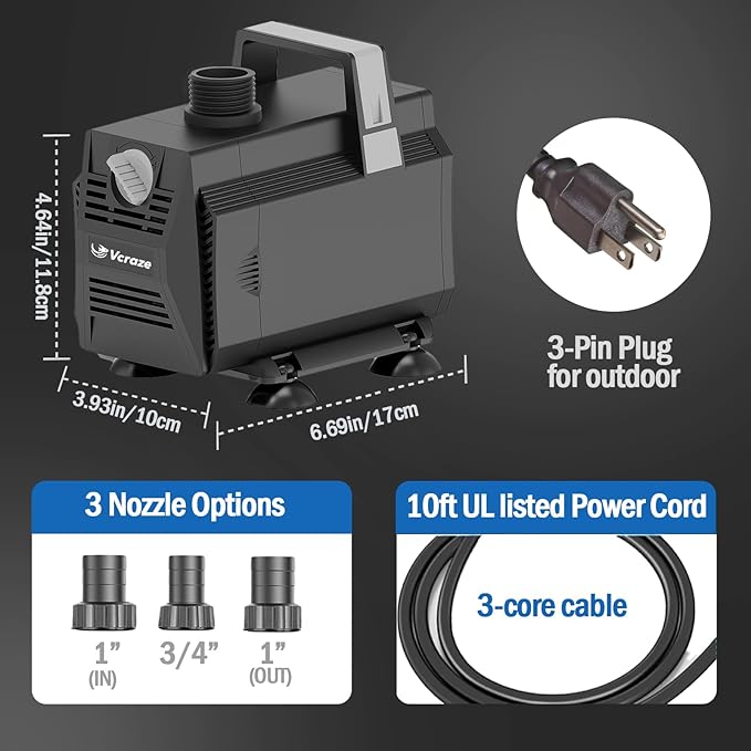 Submersible Water Pump 1200GPH/70W Fountain Pumps with Flow Control, Pond Pump Submersible Outdoor with 10ft 3-Core Power cable for Hydroponics, Aquarium, Waterfall, Statuary, Water feature