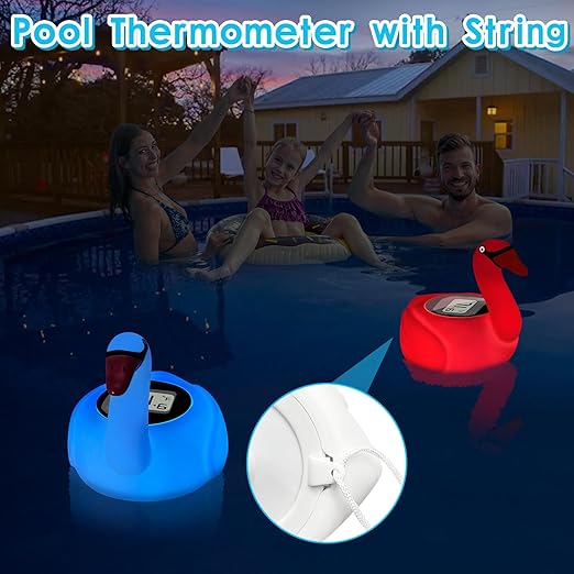 KingSom Digital Pool Thermometer,Solar Pool Thermometer Floating Easy Read with Color Changing Swan Light,Floating Pool Thermometer with Large LCD Screen and String,Pond Water Temperature Thermometer