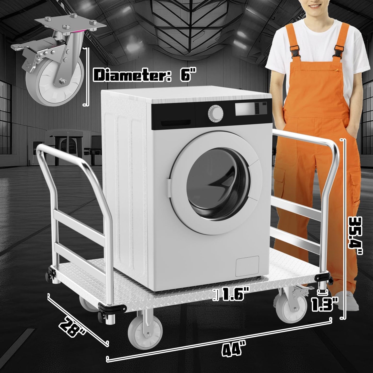 Platform Truck 3000LBS Capacity Industrial Flatbed Cart with 2 Detachable Handels, 44" x 28" Push Dolly with 6" Rubber Swivel Wheels, Heavy Duty Flat Cart Hand Truck for Industrial and Commercial