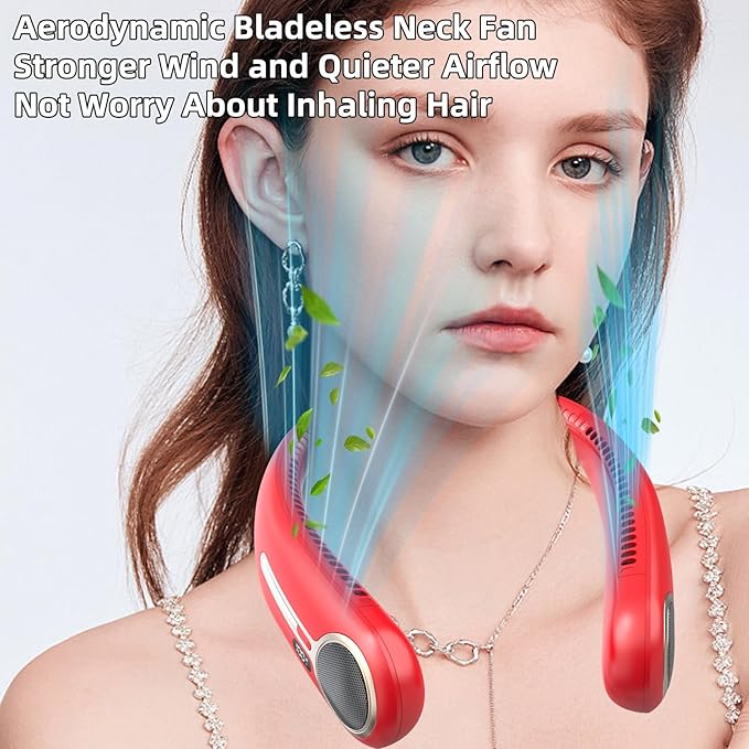 Portable Neck Fan,Hands Free Personal Wearable Bladeless Fan,6000mAh USB Rechargeable,360° Cooling,LED Display,4-Speeds,Birthday Gifts for Men Women Dad Mom,Stocking Stuffers Christmas Gifts (Red)