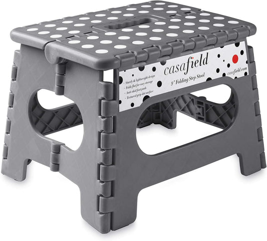 Casafield 9" Folding Step Stool with Handle, Gray - Portable Collapsible Small Plastic Foot Stool for Kids and Adults - Use in The Kitchen, Bathroom and Bedroom