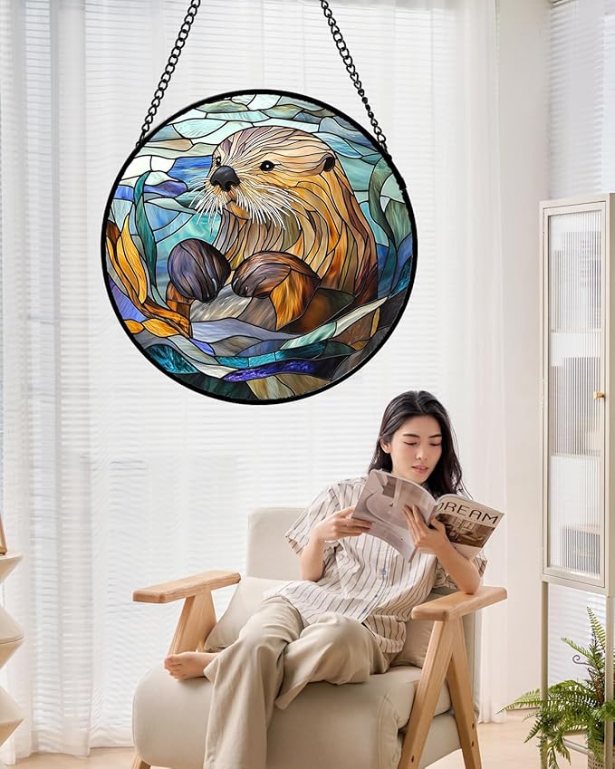Stained Glass Suncatcher, Blue Ocean Cute Sea Otter Sun Catcher Stain Glass Window Hanging Decoration Mother's Day Birthday Gifts for Women Men Mom Nana 15 in