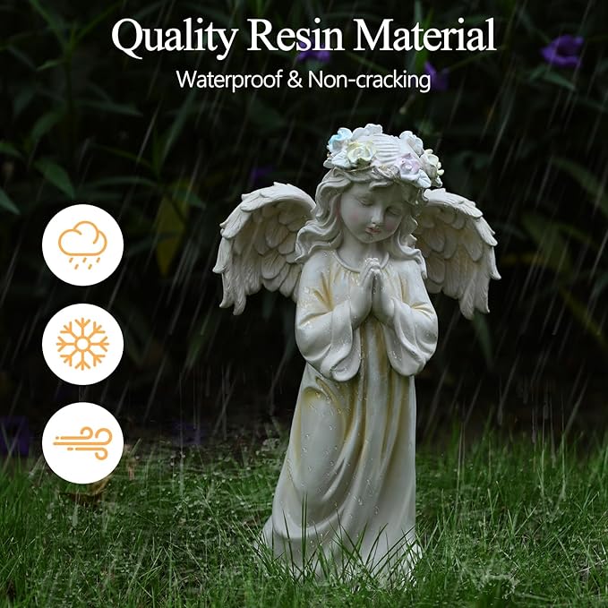 Angel Garden Statue,Memory Guardian Solar Garden Decor with Warm Light,Waterproof Outdoor Garden Decor Praying Angel Figurine Sculpture for Lawn Yard Patio,Sympathy Gift,White
