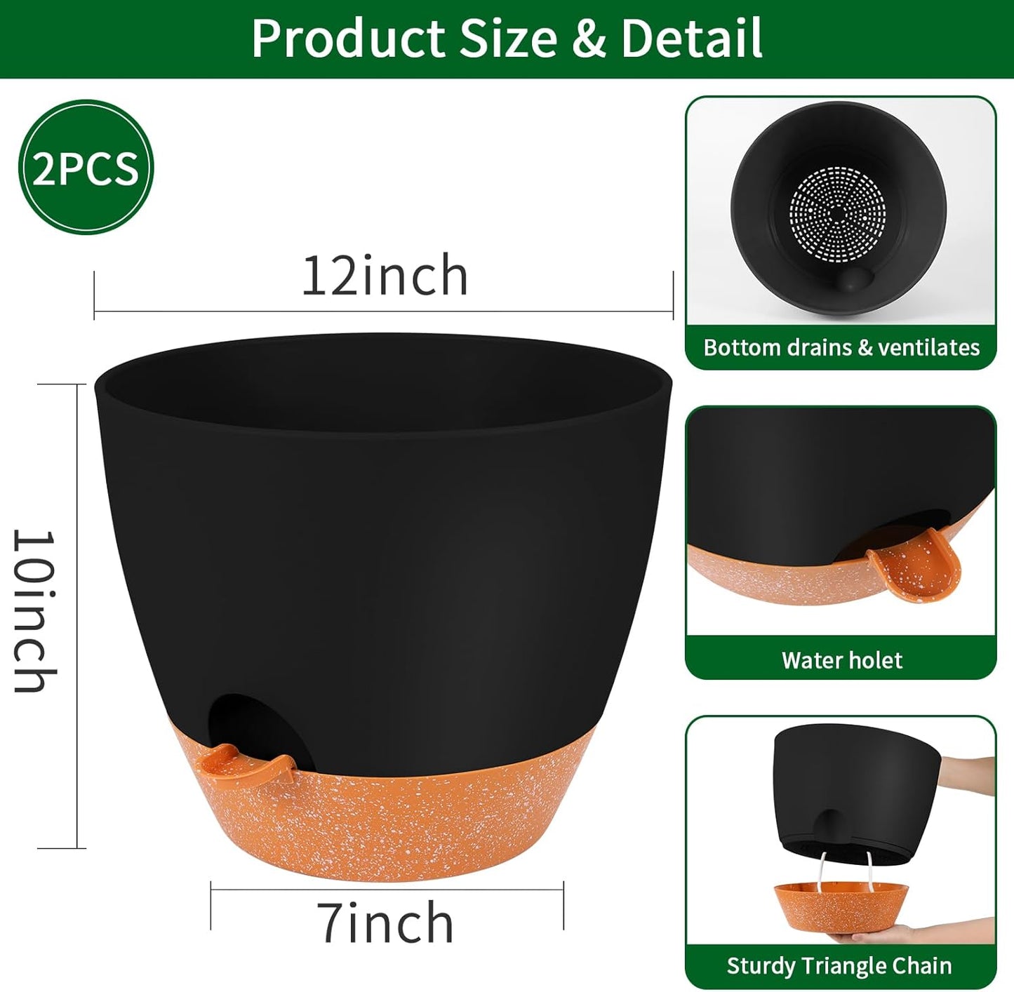 GARDIFE 12 inch planters, Plant Pots,Self Watering Pots, 2 Pack Large Plastic Flower pots with Deep Reservior and High Drainage Holes for Indoor Outdoor Plants and Flowers, Black