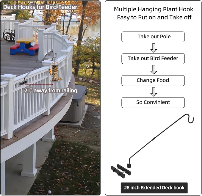 Deck Hook Railing Mount-Deck Railing Plant Hanger Outdoor，Metal Bird Feeder Hanger for Deck Railing,Fence Shepherds Hooks Pole Bracket for Hanging Hummingbird Feeder,Planter,Flower Baskets