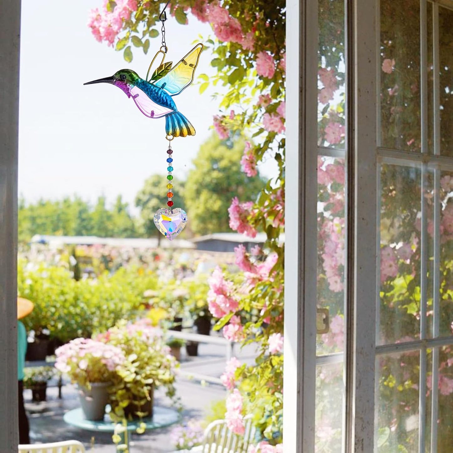 Stained Glass Bird Suncatcher with Crystal for Window, Hanging Prism for Garden Decoration, Glass Hummingbird Ornament Hangings, Sunlight Reflection Rainbow Maker, Handmade Beads Kits Gift for Adults