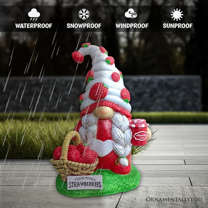 Spring & Summer-Themed Garden Statues – Adorable Outdoor Decor for Lawn, Patio & Porch (Charming Homestead Strawberry Gnome Garden Statue, 9.5" Farmhouse Style Unique Fruit Home Decor)