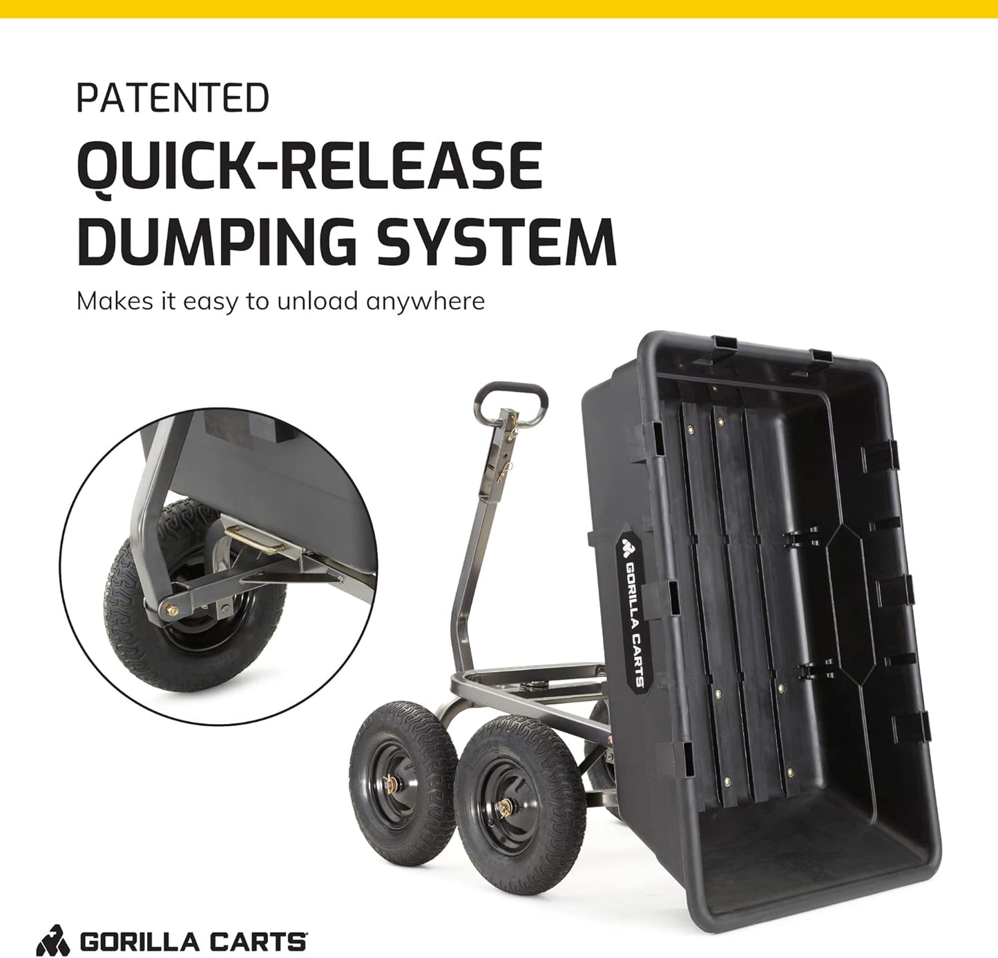 Gorilla Carts Heavy-Duty Poly Yard Dump Cart, 10 Cu Ft Tub, 1500 lb Haul Capacity, Black – Towable Utility Wagon with Quick-Release Dumping & Pneumatic Tires for Landscaping and Gardening