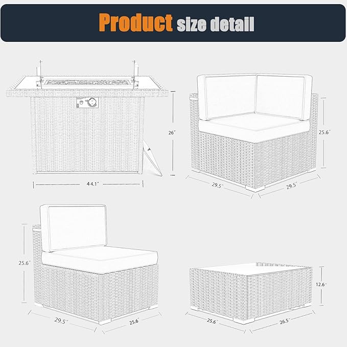 Patio Furniture Set with Fire Pit Table, 15 Pieces Outdoor All-Weather Wicker Conversation Sectional Chair Sofa Set