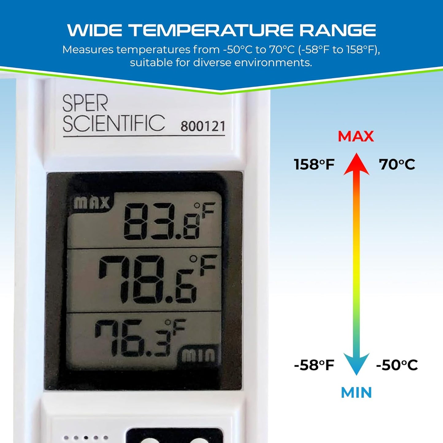 Sper Scientific Compact Digital Min/Max Thermometer 800121 - Wide Range Temperature Logger with Clear LCD Display - Ideal for Laboratories, Food Storage, HVAC & Greenhouses