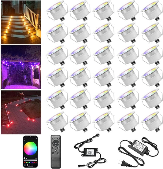 WiFi RGBW LED Deck Lights Kit, 30 Pack φ31mm Smart Low Voltage Recessed Outdoor Deck Lighting IP67 Waterproof for Garden Path Step Stair Soffit Decor, Compatible with Alexa/Google Assistant