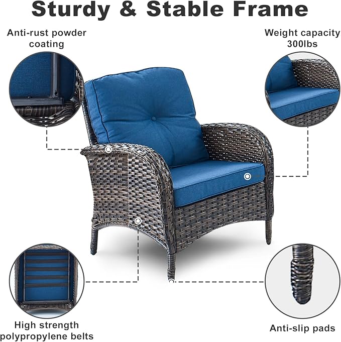 HUMMUH 5 Pieces Patio Furniture Set Wicker Outdoor Bistro Chairs with Ottomans Glass Top Side Table,Outdoor Conversation Set for Porch Deck Backyard Poolside